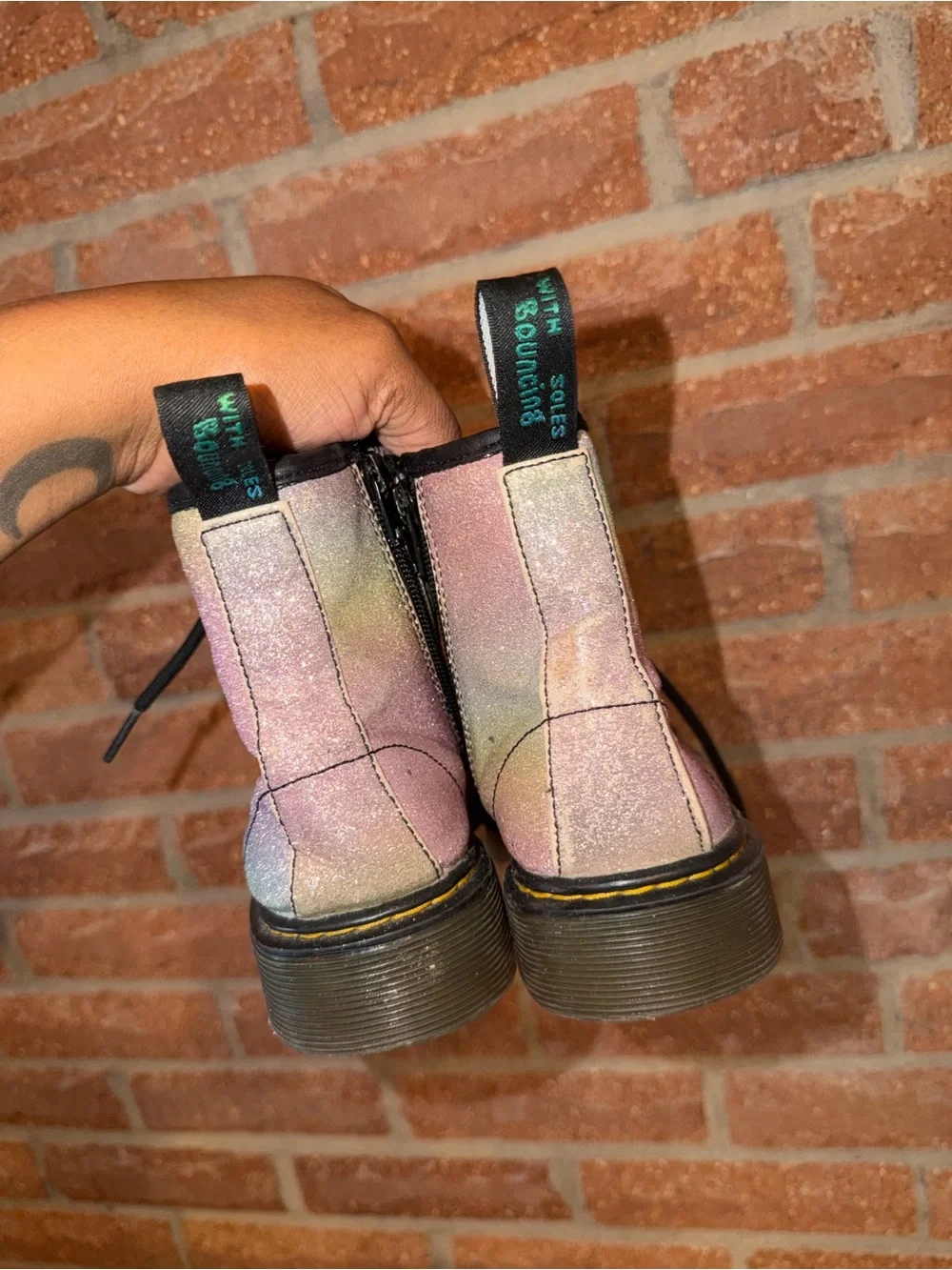 Dr. Martens Iridescent Glitter Lace-Up Boots in Pink and Silver